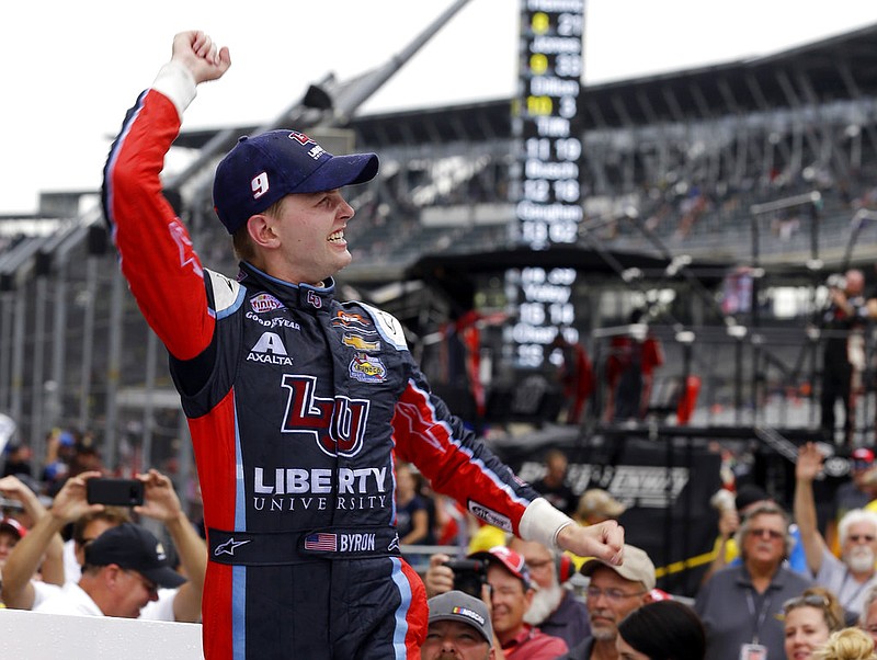 William Byron celebrates winning the NASCAR Xfinity auto race at Indianapolis Motor Speedway, in Indianapolis on Saturday, July 22, 2017. 