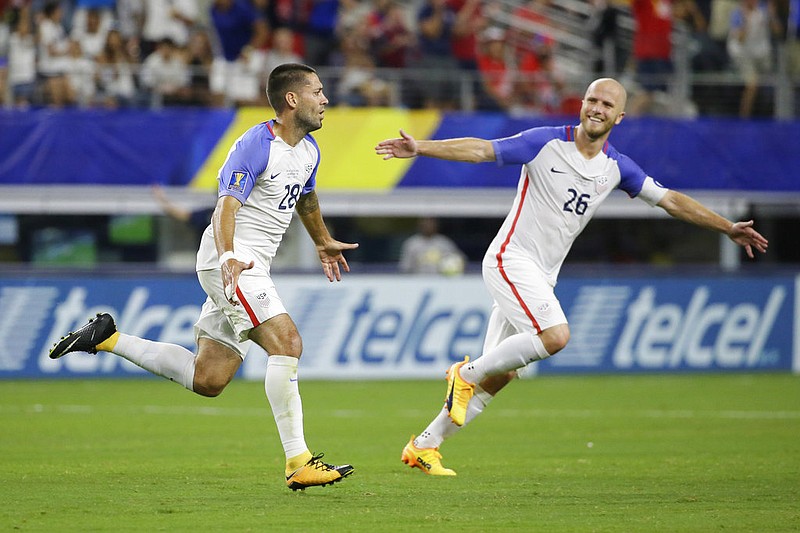 United States' Clint Dempsey, left, celebrates after scoring a goal against Costa Rica during a CONCACAF Gold Cup semifinal soccer match in Arlington, Texas, Saturday, July 22, 2017.