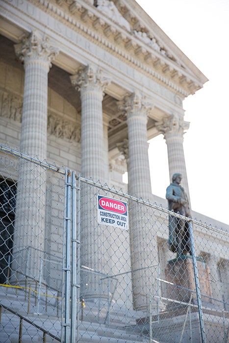 A fenced off construction area blocks the southwest side of the Missouri Capitol steps. Phase II of the construction will begin in early 2018; Phase I was completed in late 2016 in time for Gov. Eric Greitens' inauguration ceremony.