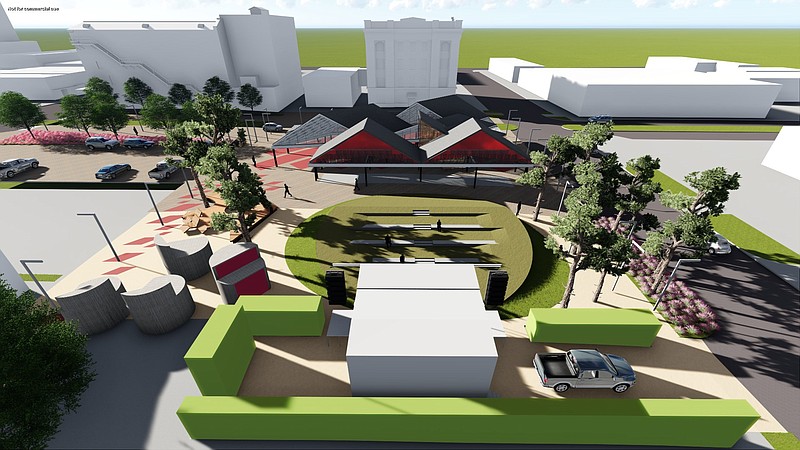 This concept art provided by Marlon Blackwell Architects of Fayetteville, Ark., shows an overhead view from the Regional Arts Center side of the Texarkana Art Park to be built downtown in 2018. West Third Street, City Hall and the Perot Theatre are at top, Texas Boulevard at right. Amphitheater lawn seating is at center. A portable stage would be moved in among the hedgerows at bottom as needed. Project architects expect to finalize the design by October. (Image courtesy of Marlon Blackwell Architects)