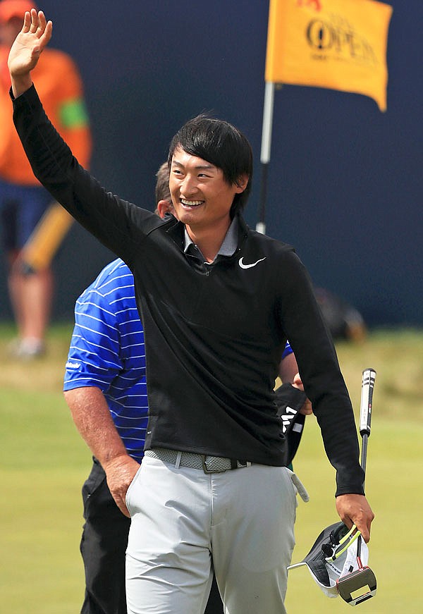 Li Haotong celebrates on the 18th green during Sunday's final round of the British Open at Royal Birkdale in Southport, England.