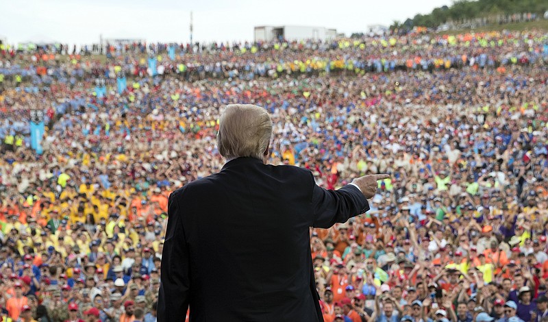 <p>AP</p><p>President Donald Trump gestures to the crowd Monday after speaking at the 2017 National Scout Jamboree in Glen Jean, West Virginia.</p>