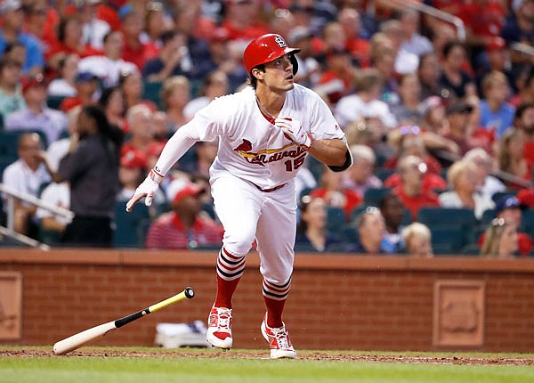 Cardinals outfielder Randal Grichuk watches his two-run home run during the fourth inning of Monday night's game against the Rockies at Busch Stadium in St. Louis.