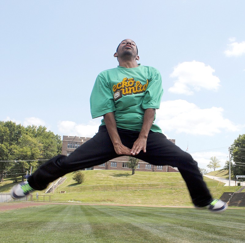 James Kindred leaps into the air Monday as a part of his routine to "Revolution" by Kirk Franklin at Keith Major Field. Kindred first auditioned for "America's Got Talent" in 2016 and has been practicing his routine ever since to get it right.