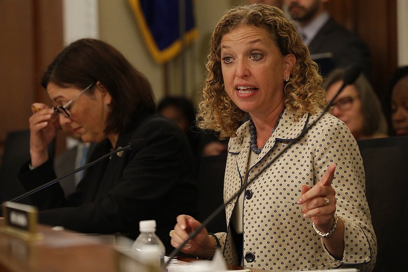 In this May 24, 2017, file photo, House Budget Committee member Rep. Debbie Wasserman Schultz, D-Fla. questions Budget Director Mick Mulvaney on Capitol Hill in Washington during the committee's hearing on President Donald Trump's fiscal 2018 federal budget. Fellow committee member Rep. Susan DelBene, D-Wash. is at left.