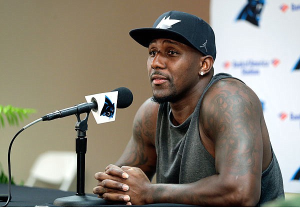 Panthers linebacker Thomas Davis answers a question during a news conference Wednesday at training camp in Spartanburg, S.C.
