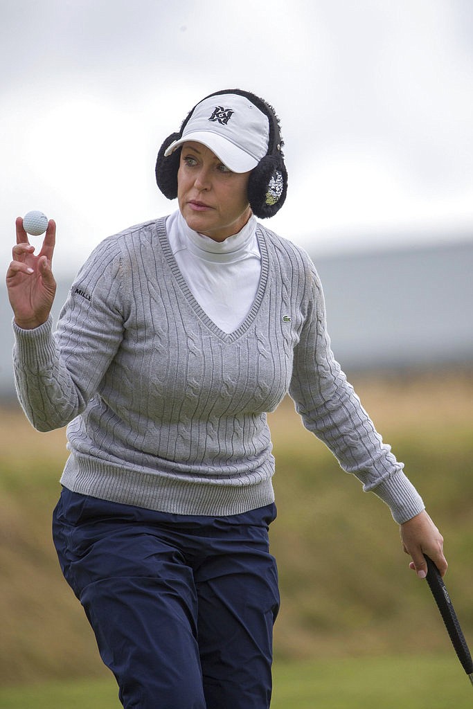 USA's Cristie Kerr acknowledges the applause on the 1st green during day three of the Ladies Scottish Open at Dundonald Links, North Ayrshire. Scotland, Saturday July 29, 2017. (Kenny Smith/PA via AP)
