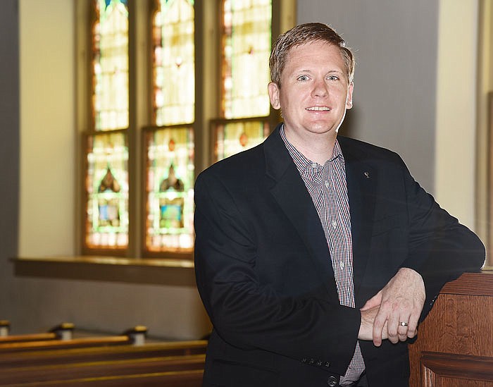 The Rev. Beau Underwood poses in the sanctuary of First Christian Church at 327 E. Capitol Ave. Underwood was installed as first vice-moderator of the General Assemby of the Christian Church (Disciples of Christ).