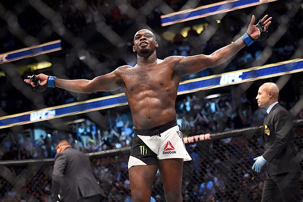 Jon Jones celebrates Saturday night after knocking out Daniel Cormier during UFC 214 in Anaheim, Calif.