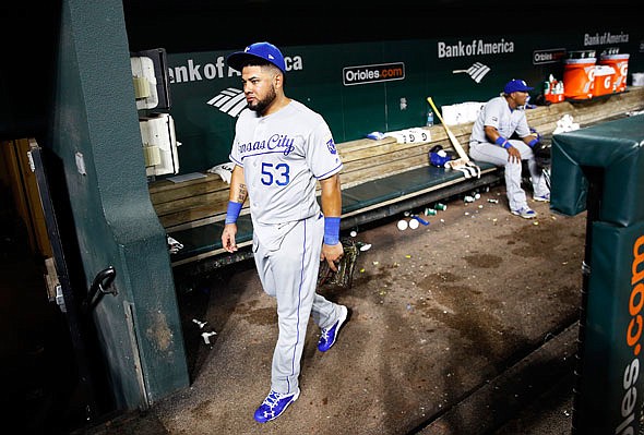 Melky Cabrera of the Royals walks out of the dugout after Monday night's 2-1 loss to the Orioles in Baltimore.