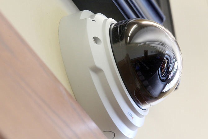 A security camera is seen during a Jefferson City Board of Education safety and security committee meeting Tuesday discussing new security measures to be taken in local schools.