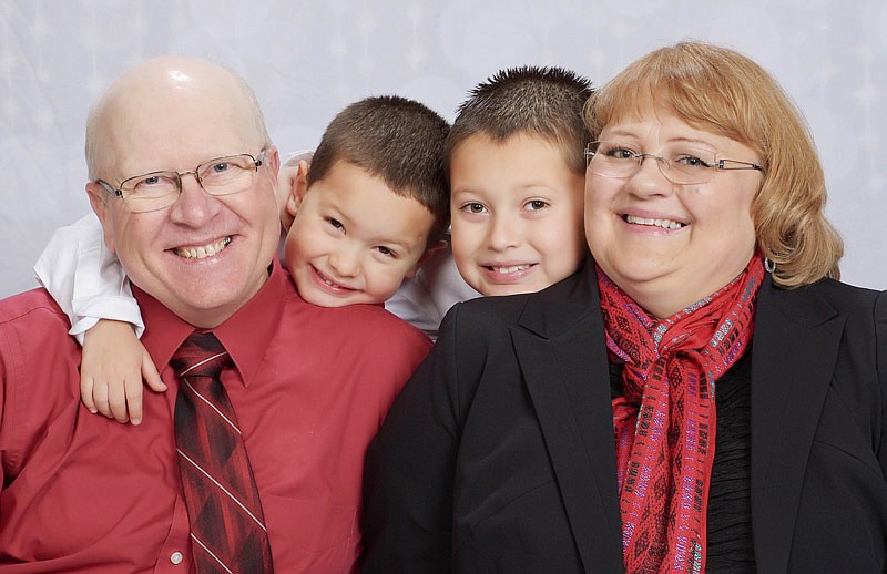 Front, from left, Eugene Moeller, new pastor of California United Methodist Church, and Marilyn Moeller, new pastor of New Horizon United Methodist Church, Columbia, with grandsons Lucas Moeller, left, and Andres Moeller. The grandchildren, from the St. Louis area, were instrumental in the move of their grandparents from North Dakota.