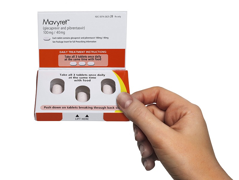 This photo provided by AbbVie shows the drug Mavyret. On Thursday, Aug. 3, 2017, the Food and Drug Administration approved Mavyret to treat all forms of hepatitis C. The drug works in as little as eight weeks and is for patients without significant cirrhosis who haven't been treated previously for the liver-destroying virus, plus patients who were not cured by a prior treatment. (Richard Mack/Courtesy of AbbVie via AP)