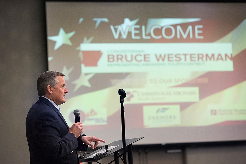 U.S. Rep. Bruce Westerman, R-Ark., answers an audience question about whether he would support HR 676, a universal health insurance program with single-payer financing, on Thursday morning at an event hosted by the Texarkana Chamber of Commerce at the Arkansas Convention Center in Texarkana, Ark. Westerman spoke on a variety of topics, such as health care, industry and infrastructure.