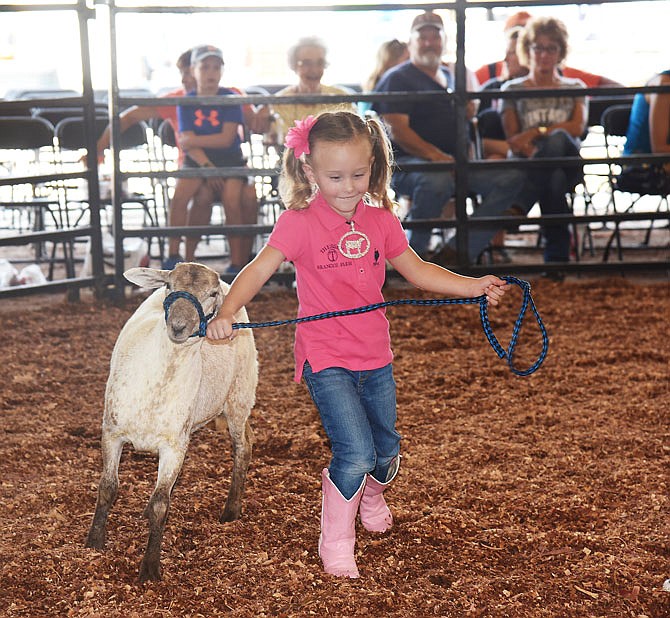 Wearing a show necklace borrowed from her oldest sister, Maggie Thessen, 4, proudly makes her way around the Pee Wee Show ring Thursday at the Cole County Fair.