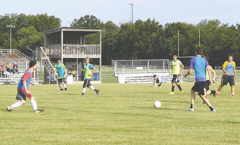 The Fulton Hornets soccer team concluded the first week of fall practice with an intrasquad scrimmage Saturday morning, Aug. 5, 2017 at the high school athletic complex. First-year head coach Joel Henley is seeking to get Fulton back on track after a dismal 4-19-1 finish last year, targeting at least a .500 record and a district championship for the Hornets this season.