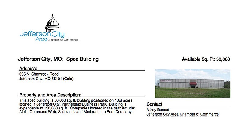 This May 8, 2014 screen capture shows a portion of a website page touting the Jefferson City Area Chamber of Commerce spec building which was sold on May, 18, 2017 and will become an Axium plastics manufacturing facility.