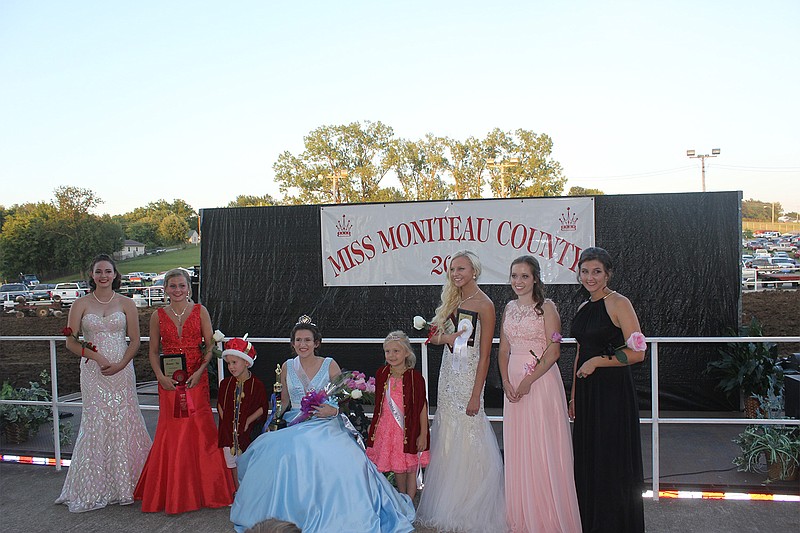 The 2017 Miss Moniteau County winner Emily Bilyeu is pictured along side first runner-up Ellie Wirts, second runner-up and Miss Congeniality Emily Strein, Raven Kirk, Angela McNay, Cara Scheperle, the 2017 Little Miss Moniteau County winner Lena Bieri, and 2017 Little Mister Moniteau County winner Braxton Milligan.