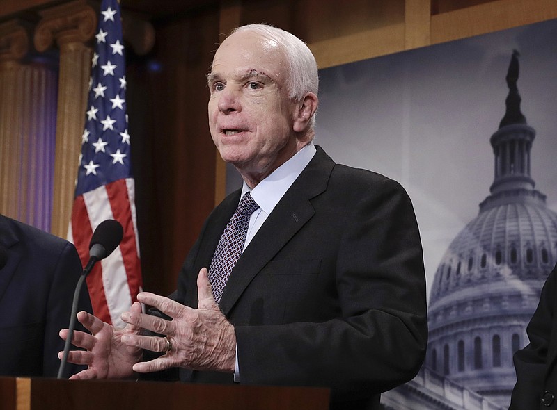 FILE - In this July 27, 2017 file photo, Senate Armed Services Committee Chairman Sen. John McCain, R-Ariz. speaks on Capitol Hill in Washington. McCain is proposing a new “strategy for success” in Afghanistan. He’s calling for increasing the number of U.S. counterterrorism forces and giving them a freer hand to target the Taliban, Islamic State and other terrorist groups.  (AP Photo/J. Scott Applewhite, File)