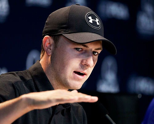 Jordan Spieth gestures during a news conference Wednesday for the PGA Championship at the Quail Hollow Club in Charlotte, N.C.