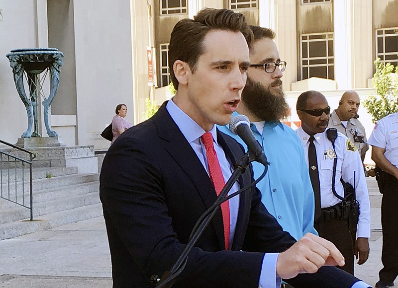 FILE - In this June 21, 2017 file photo, Missouri Attorney General Josh Hawley speaks at a news conference in St. Louis. (AP Photo/Jim Salter, File)