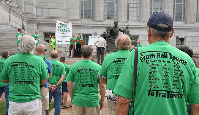 Several dozen bicycle and pedestrian trail enthusiasts rallied Friday morning at the Capitol to show support for the Rock Island Trail, a proposed biking path.Chip Webb, director of Ameren Central Missouri Division, addressed representatives from towns along the trail who were urging state legislators to proceed with the plan and fund the trail's construction. The proposed trail, on property donated to the state by Ameren, is 144 miles long.