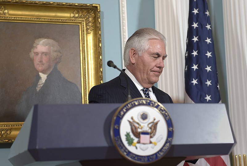 Secretary of State Rex Tillerson leaves after speaking on the release of the 2016 annual report on International Religious Freedom, Tuesday, Aug. 15, 2017, at the State Department in Washington. (AP Photo/Susan Walsh)