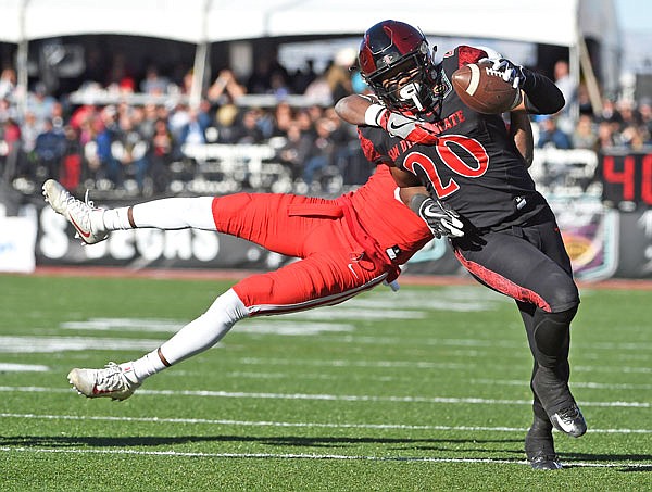 In this Dec. 17, 2016, file photo, San Diego State running back Rashaad Penny (20) runs with the ball against Houston cornerback Howard Wilson during the first half of the Las Vegas Bowl in Las Vegas.