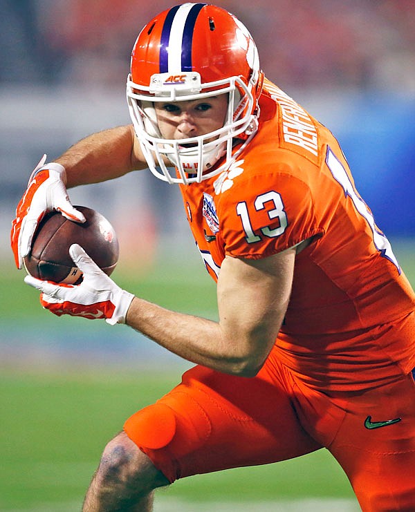 In this Dec. 31, 2016, file photo, Clemson wide receiver Hunter Renfrow runs with the ball during the Fiesta Bowl against Ohio State in Glendale, Ariz.