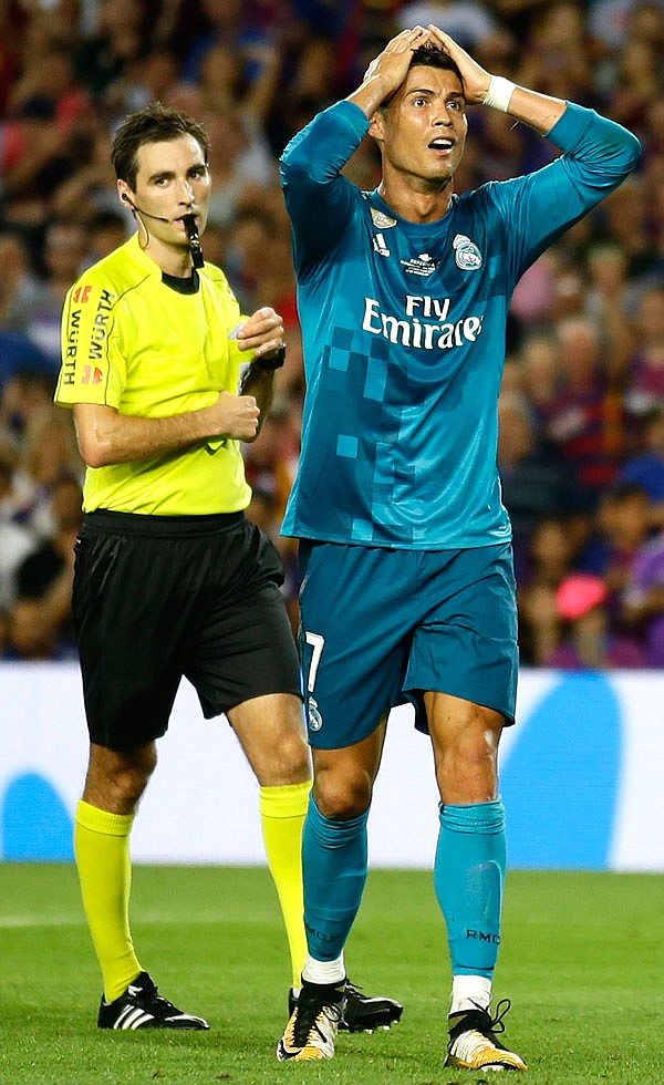 Real Madrid's Cristiano Ronaldo reacts after being shown a second yellow card by referee Ricardo de Burgos during last Sunday's Spanish Super Cup first leg match against FC Barcelona in Barcelona, Spain.