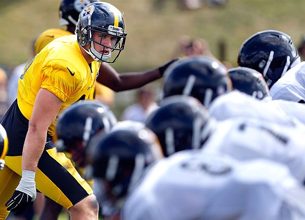 Steelers linebacker T.J. Watt lines up in drills during training camp Wednesday in Latrobe, Pa.