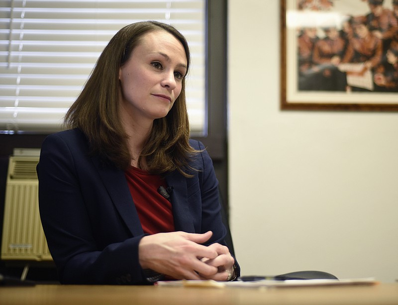 FILE - In this Feb. 13, 2017, file photo, Missouri's first lady and University of Missouri Assistant Professor Sheena Greitens sits at her desk for an interview in Columbia, Mo. (Luke Brodarick /Missourian via AP, File)