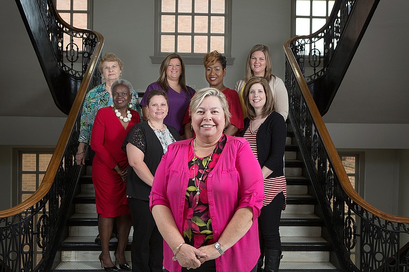 Texarkana, Texas, City Council members and government leaders pose for a photo Thursday in City Hall. In the back row, from left, are Ward 3 Council Member Betty Williams; Kelly Brush, administrative manager of Texarkana-Bowie County Family Health Center; Ward 4 Council Member Christie Alcorn; and Communication and Economic Development Manager Lisa Thompson; center row, Ward 1 Council Member Jean Matlock; Mashell Daniel, executive director of code enforcement and inspections; and Chief Financial Officer Kristin Peeples; and in the front row is Interim City Manager Shirley Jaster.