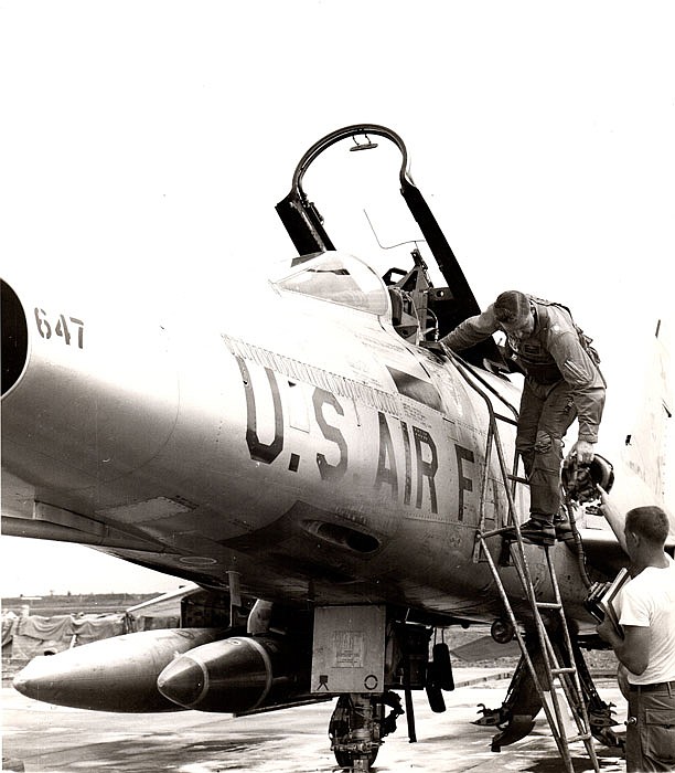 Lt. Col. Don Pittman boards his F-100 Super Sabre for a 1965 bombing mission in Vietnam.