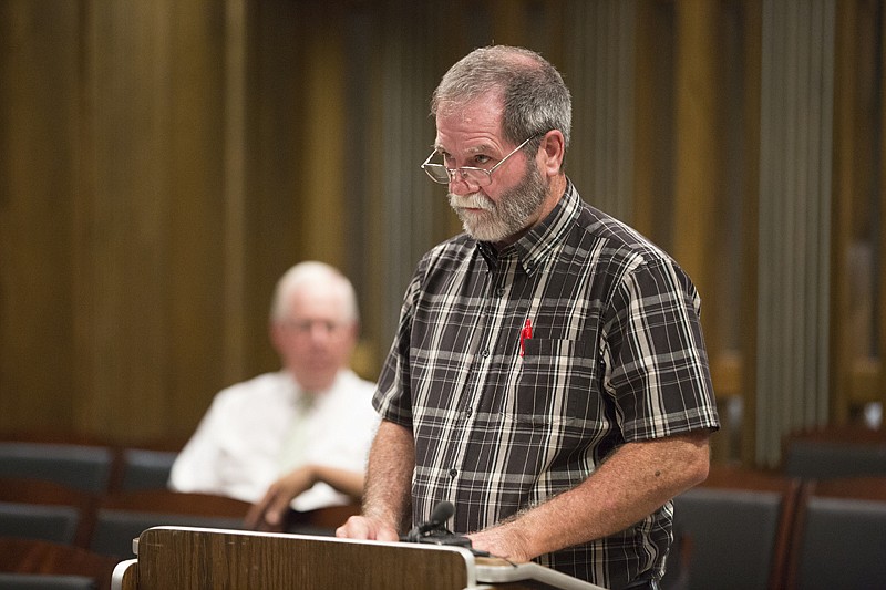 Doug Crisp of Nash, Texas, spoke Monday against a proposed tax increase during a public hearing for Texarkana College, saying the school was a "money pit."