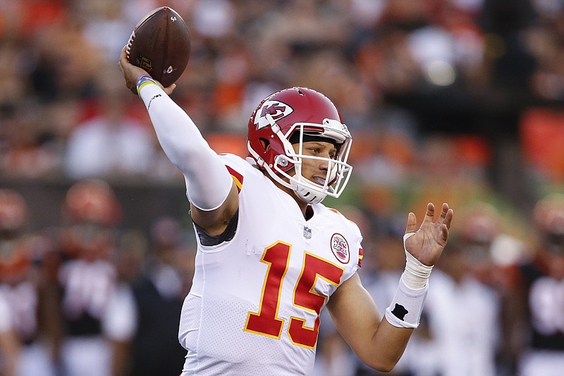 Kansas City Chiefs quarterback Patrick Mahomes throws a pass during the first half of an NFL preseason football game against the Cincinnati Bengals on Saturday in Cincinnati. 
