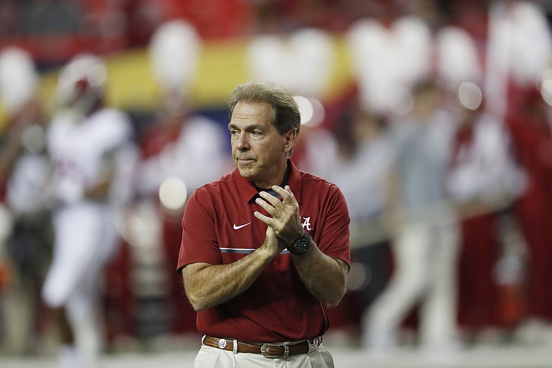 Alabama coach Nick Saban watches his team warm up on Dec. 3, 2016, for the Southeastern Conference championship between Alabama and Florida in Atlanta. Alabama has the No. 1 spot in The Associated Press' preseason media poll. 
