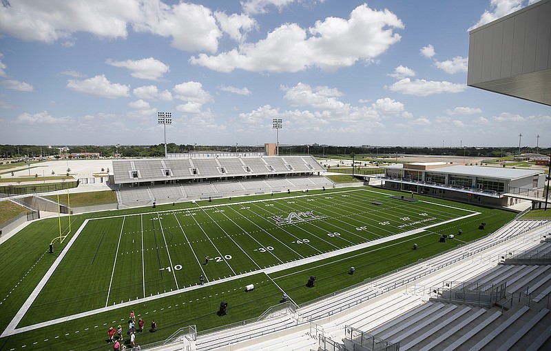 This Thursday, Aug. 17, 2017 photo shows the Mike Johnston Field at Katy ISD Legacy Stadium in Katy, Texas. The Houston-area school district will hold its first game next week in its new $72 million football stadium, believed to be the most expensive high school stadium ever built.  