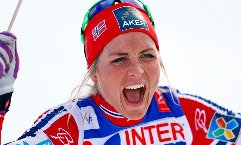 In this Feb. 28, 2015 file photo Norway's Therese Johaug celebrates her victory at the women's 30 kms mass start event at the Nordic Skiing World Championships in Falun,  Former Olympic champion Therese Johaug will miss the 2018 Winter Games after her ban in a steroid doping case was extended. The Court of Arbitration for Sport says Tuesday, Aug. 22, 2017 the Norwegian cross-country skier must serve an "appropriate" 18-month ban which expires next April. Johaug, a 2010 Vancouver Olympics gold medalist and seven-time world champion, tested positive for clostebol during high-altitude offseason training last year. 