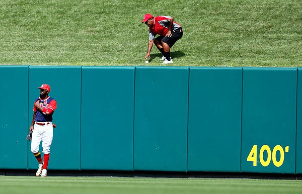 An usher picks up a ball hit for a solo home run by Brad Miller of the Rays after it landed in the grass past the wall and Cardinals center fielder Dexter Fowler during the seventh inning of Sunday afternoon's game at Busch Stadium.