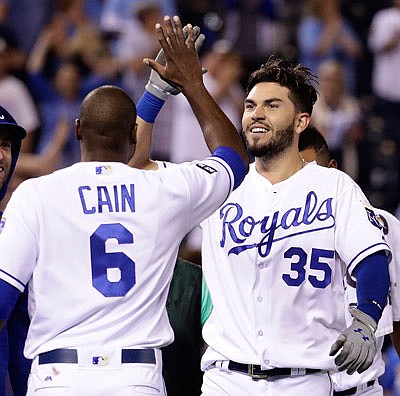 Eric Hosmer celebrates with Lorenzo Cain after hitting a three-run home run in the ninth inning of a game last month against the Rockies at Kauffman Stadium. Hosmer and Cain are among the potential free agents for the Royals after the season.