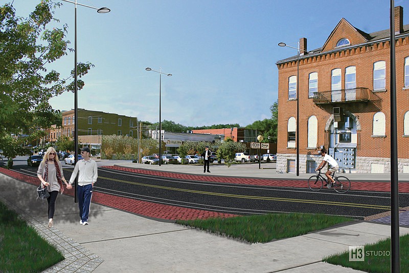 This artist rendering shows proposed plans for transforming East Dunklin Street near the intersection of Jefferson Street in the Historic Southside/Old Munichburg neighborhood. (Courtesy of H3 Studios)