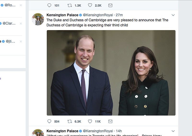 In this image taken from the official Kensington Palace Twitter feed, Monday Sept. 4, 2017, showing the announcement from Kensington Palace saying Prince William and his wife, the Duchess of Cambridge, are expecting their third child.  The announcement released in a statement by Kensington Palace says the Duchess has cancelled a planned engagement Monday and that the queen is delighted by the news. (Kensington Palace Twitter via AP)