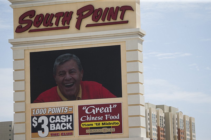 <p>AP</p><p>The South Point hotel-casino displays a tribute to the late actor and comedian Jerry Lewis during a private memorial Monday at the hotel in Las Vegas.</p>