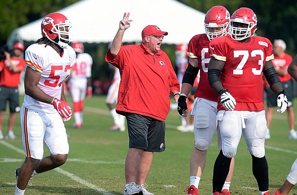 Chiefs coach Andy Reid gives instructions to his players during training camp last month in St. Joseph. Reid believes the Chiefs have a good opportunity to make it to the Super Bowl this season.