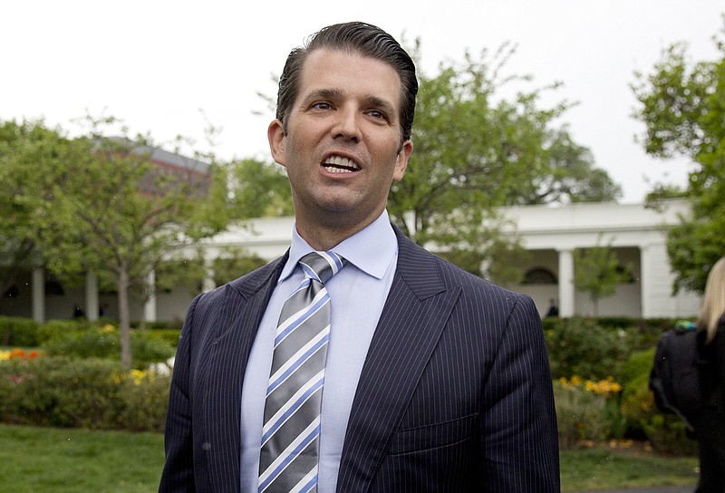 In this April 17, 2017 file photo, Donald Trump Jr., the son of President Donald Trump, speaks to media on the South Lawn of the White House in Washington.  Donald Trump Jr.'s scheduled visit to Capitol Hill on Thursday marks a new phase in the Senate investigation of Moscow's meddling in the 2016 election and a meeting that the president's eldest son had with Russians during the campaign.  Staff from the Senate Judiciary Committee _ one of three congressional committees conducting investigations _ plan to privately interview the younger Trump. (AP Photo/Carolyn Kaster)