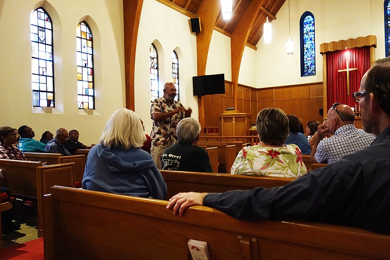 <p>Jenny Gray/FULTON SUN</p><p>Dr. Thomas Cooper speaks at Thursday evening’s community meeting about the future of emergency services in Callaway County at Court Street United Methodist Church. Without an emergency room, he said, people’s lives will be in danger.</p>