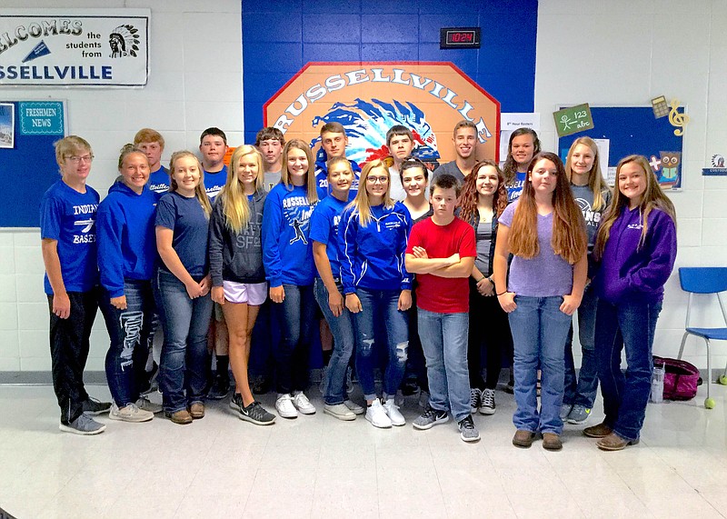 Russellville High School students selected their Student Leadership Team earlier this school year. They include: front row from left, Ethan Huff, Hanna Mueller, Grace Barnett, Natalie Kirchner, Reagan Jenkins, Brooke Kremer, Allie Harris, Olivia Percival, Reilly Steinman, Student Body President Anna Koestner, Bethany Sheffield and Alex Metcalf, and second row from left, Trenton Morrow, Riley Marcum, Austin Randolph, Braden Hickey, Seth Fredrickson, Harrison Frank, Rayni Hartman and Gabriela Kauffman. (Submitted photo)