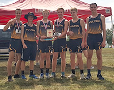 The Fulton Hornets cross country team poses for a photo after finishing in second at the Linn Invitational on Saturday, Sept. 9, 2017.