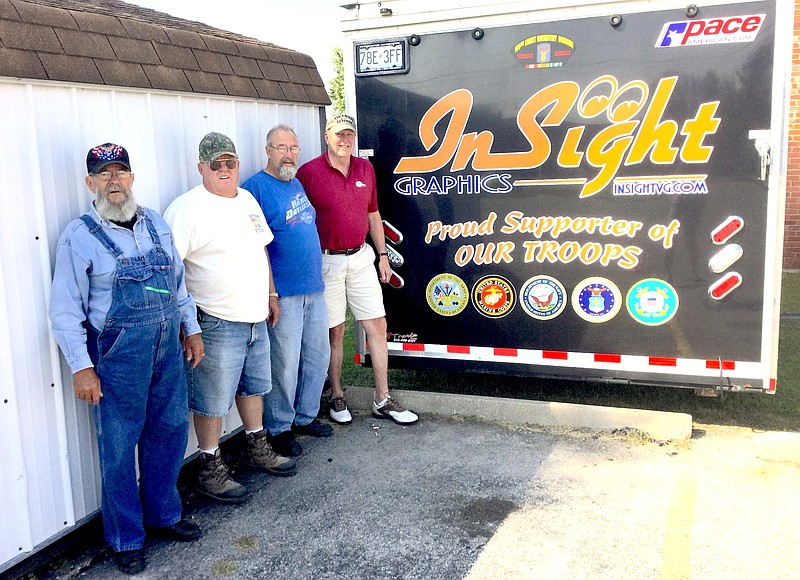 The VFW is collecting supplies to send to Bay City, Texas, for Hurricane Harvey relief. Here, Daniel Blackburn, left, Larry Underwood, Curt McDonald and post commander Wayne Bill stand with the trailer that will carry the supplies.